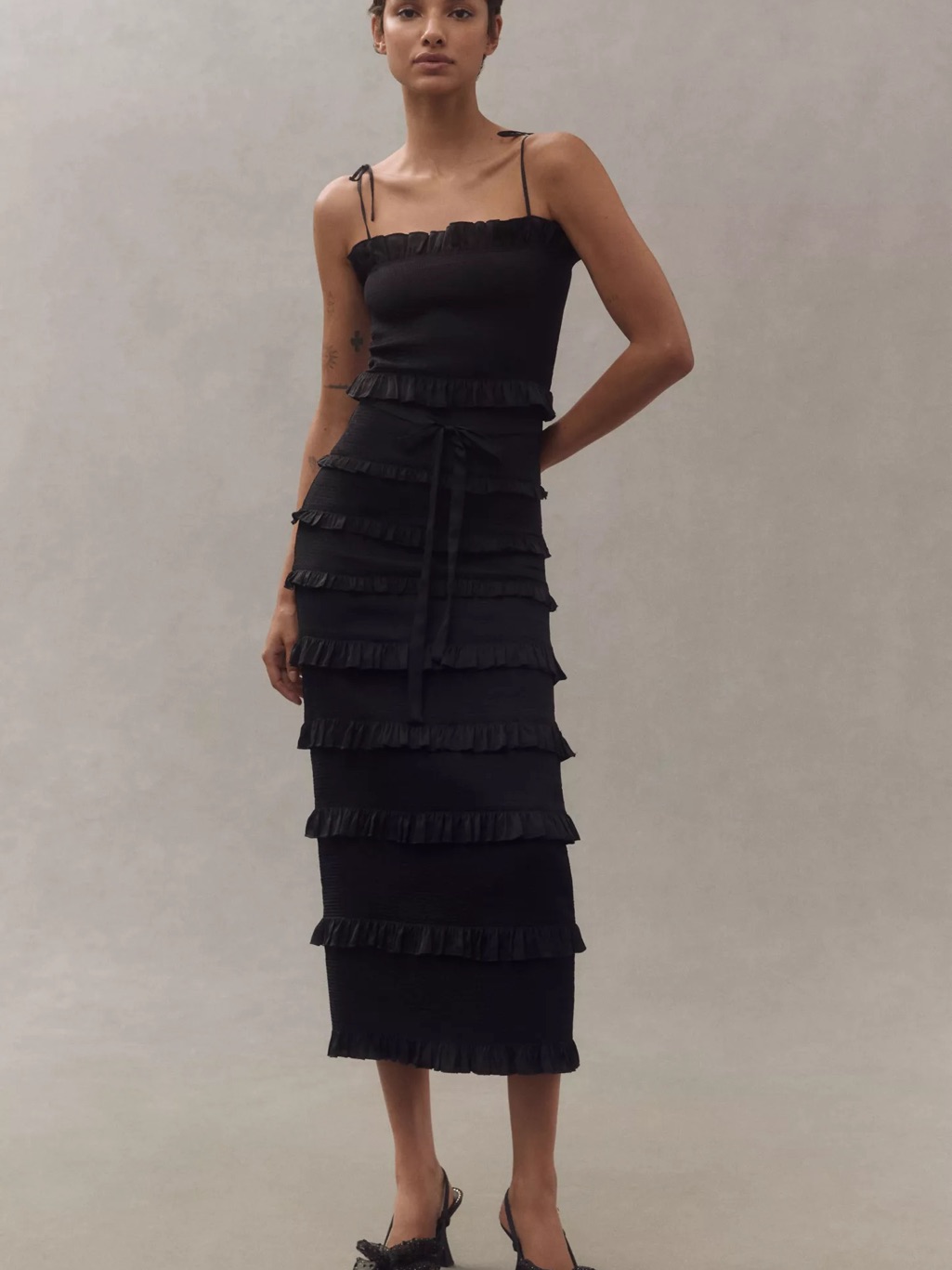 V. Chapman Lily Ruched & Ruffled Stretch Satin Midi Dress - Black, Perfect